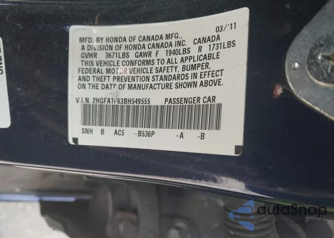 2011 Honda Civic Lx-S z USA, uszkodzony, nr VIN 2HGFA1F63BH549555